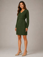 Women's Cable Knit Midi Dress – V-Neck Shirred Waist in Dark Green – Hover view