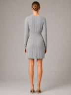 Women's Cable Knit Midi Dress – V-Neck Shirred Waist in Grey – Back view