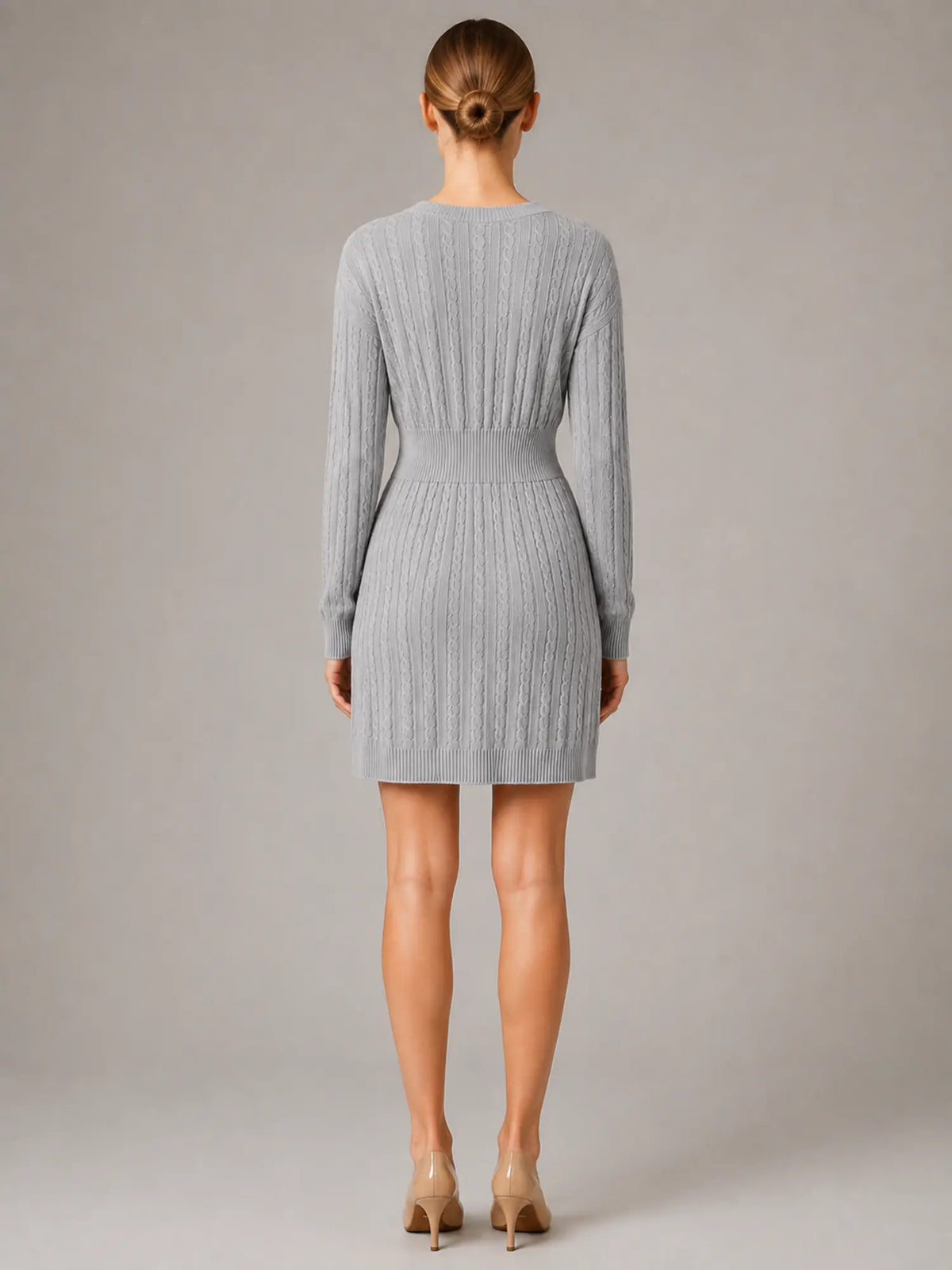 Women's Cable Knit Midi Dress – V-Neck Shirred Waist in Grey – Back view