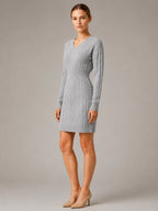 Women's Cable Knit Midi Dress – V-Neck Shirred Waist in Grey – Hover view