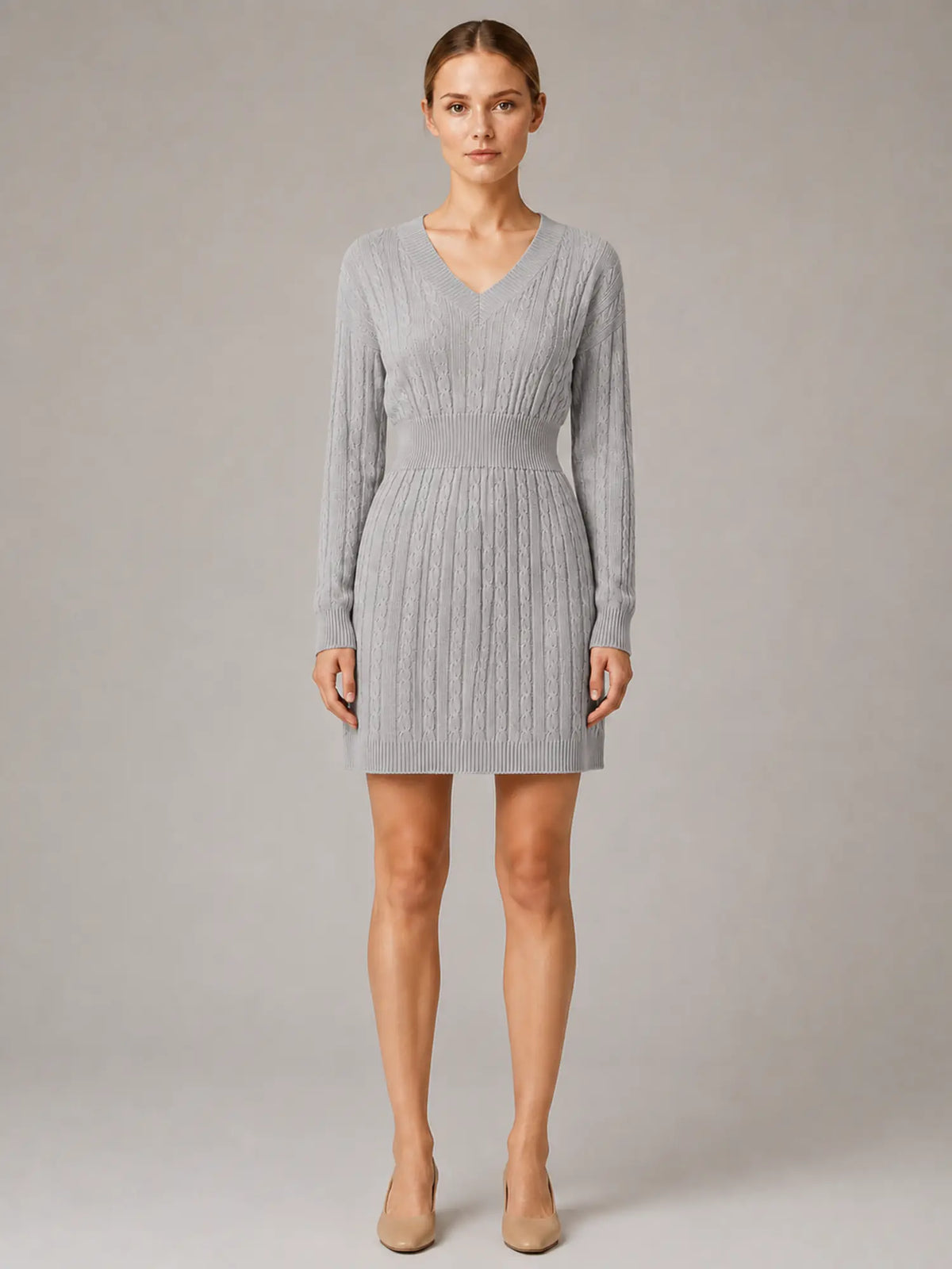 Women's Cable Knit Midi Dress – V-Neck Shirred Waist in Grey – Main view