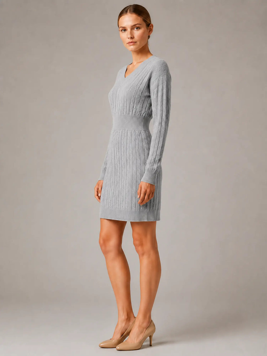 Women's Cable Knit Midi Dress – V-Neck Shirred Waist in Grey – Side view