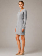 Women's Cable Knit Midi Dress – V-Neck Shirred Waist in Grey – Side view