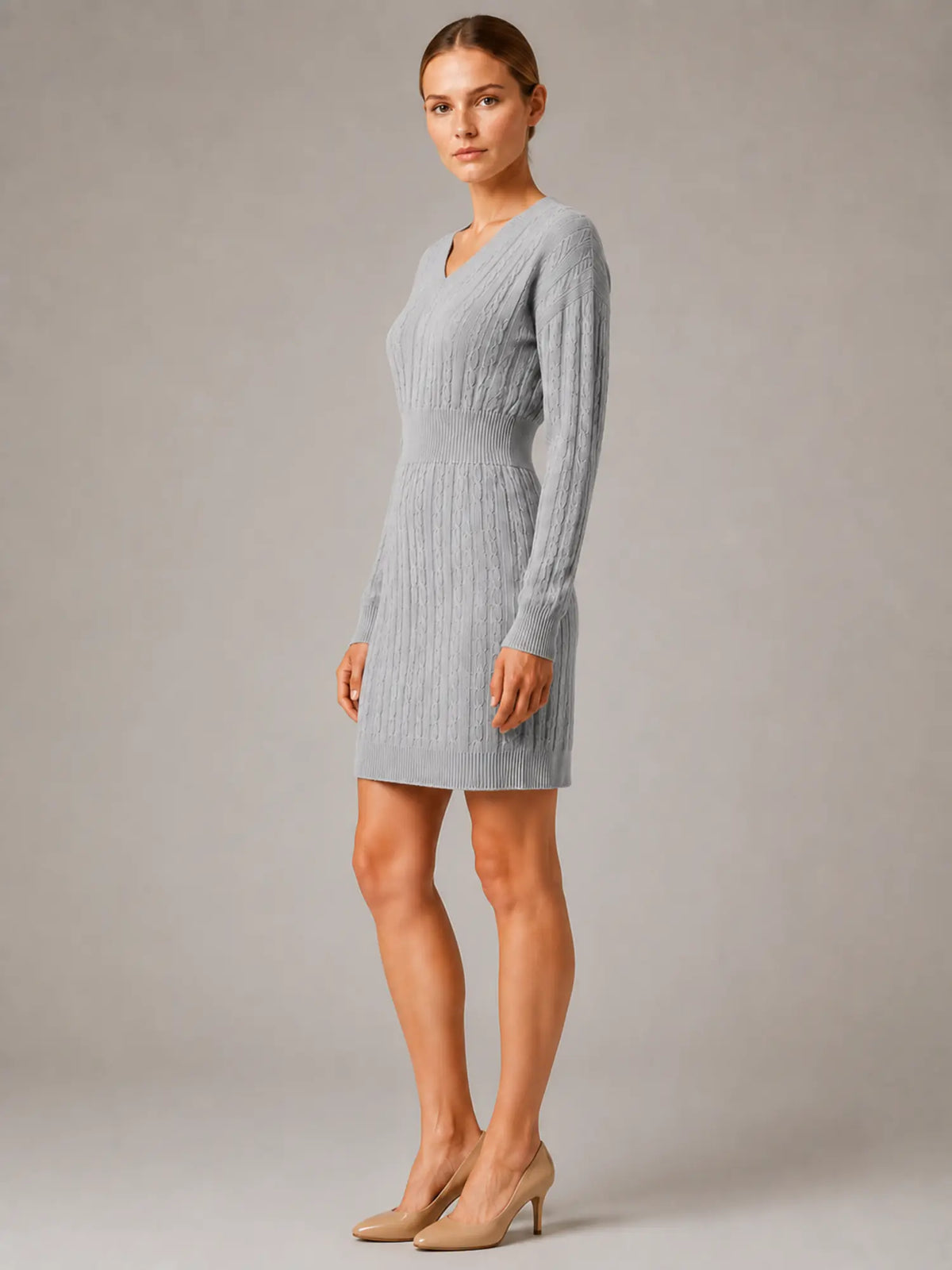 Women's Cable Knit Midi Dress – V-Neck Shirred Waist in Grey – Side view