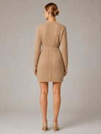 Women's Cable Knit Midi Dress – V-Neck Shirred Waist in Khaki – Back view