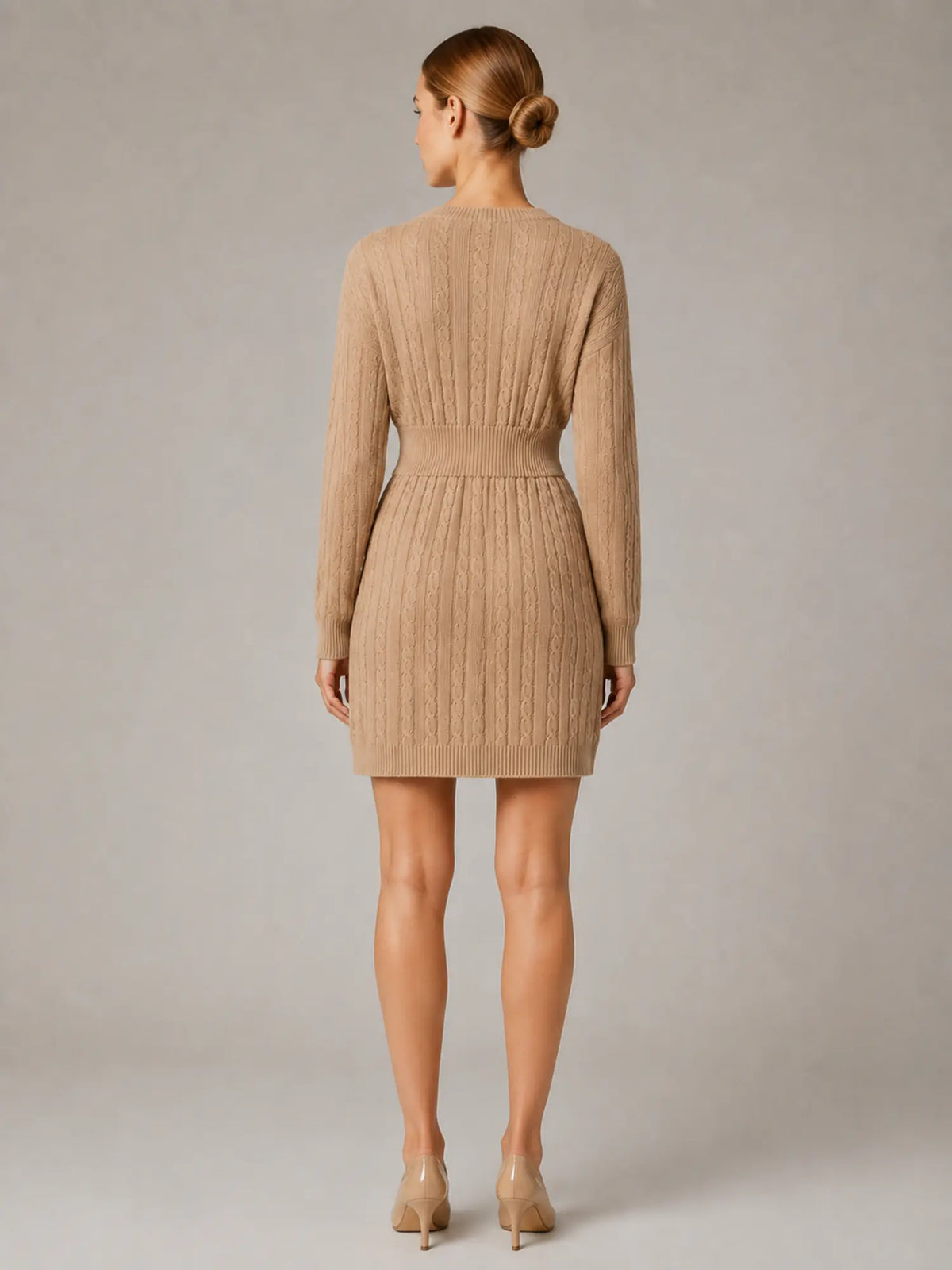 Women's Cable Knit Midi Dress – V-Neck Shirred Waist in Khaki – Back view