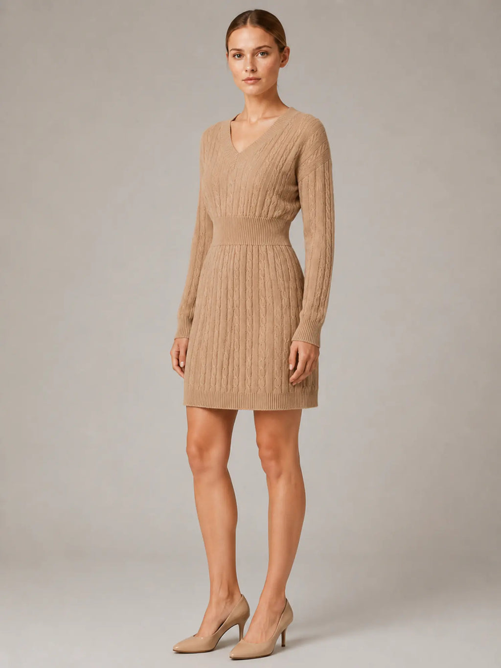 Women's Cable Knit Midi Dress – V-Neck Shirred Waist in Khaki – Hover view