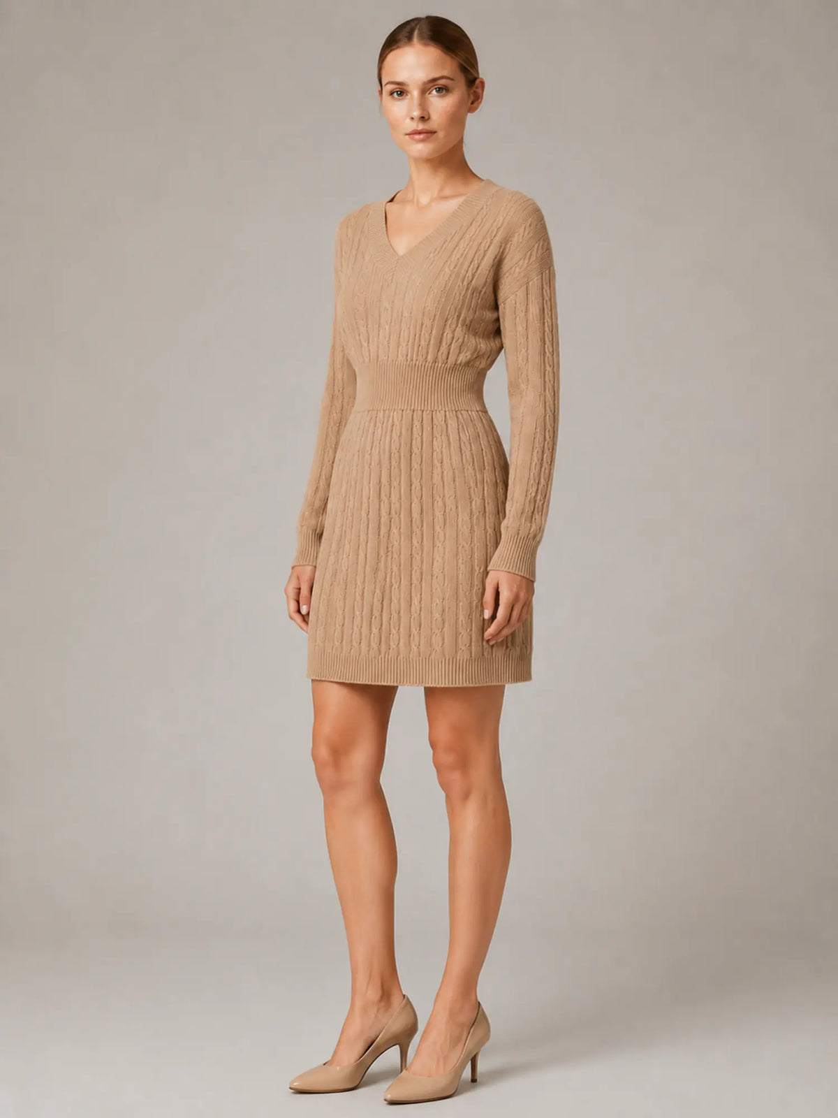 Women's Cable Knit Midi Dress – V-Neck Shirred Waist in Khaki – Hover view
