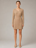 Women's Cable Knit Midi Dress – V-Neck Shirred Waist in Khaki – Main view