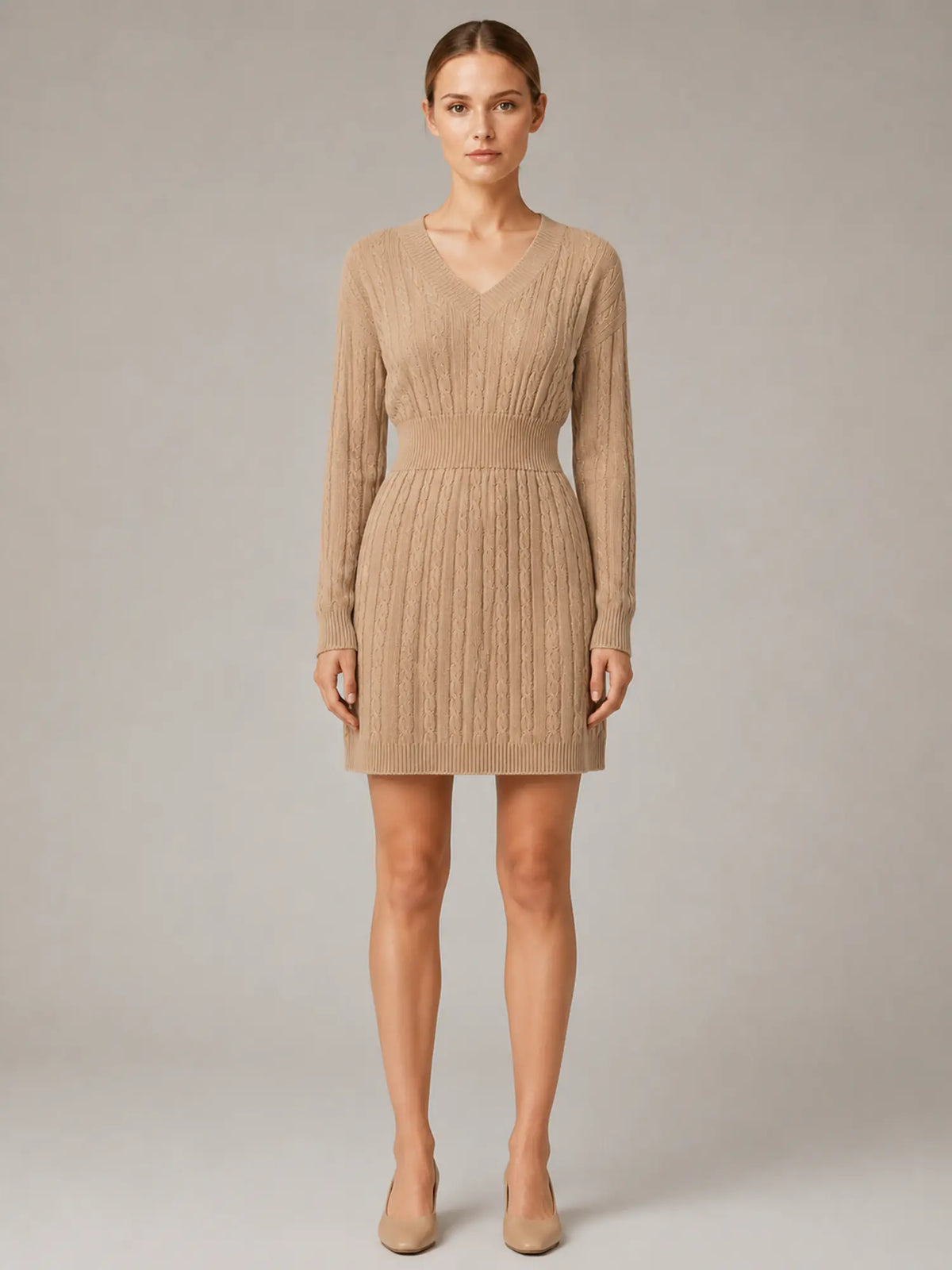 Women's Cable Knit Midi Dress – V-Neck Shirred Waist in Khaki – Main view