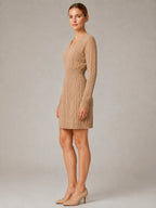 Women's Cable Knit Midi Dress – V-Neck Shirred Waist in Khaki – Side view
