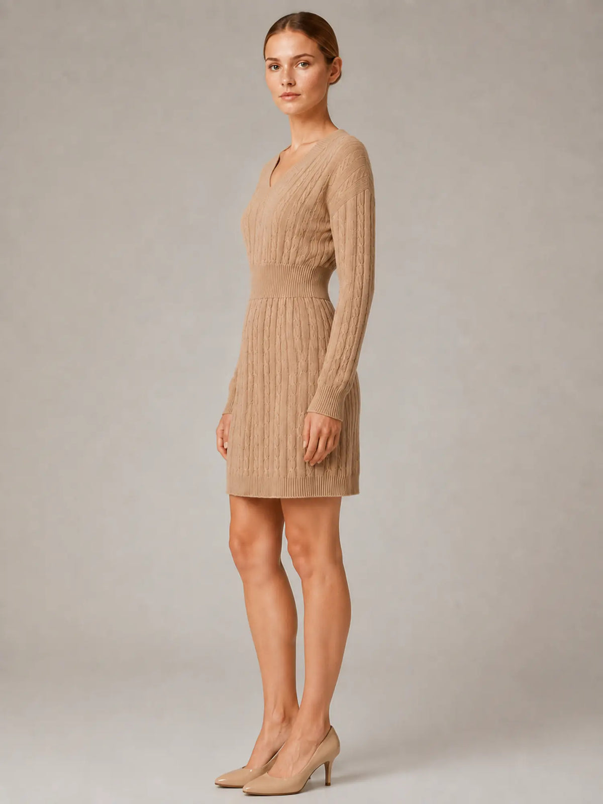 Women's Cable Knit Midi Dress – V-Neck Shirred Waist in Khaki – Side view