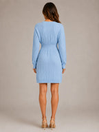 Women's Cable Knit Midi Dress – V-Neck Shirred Waist in Sky Blue – Back view