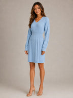Women's Cable Knit Midi Dress – V-Neck Shirred Waist in Sky Blue – Hover view