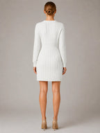 Women's Cable Knit Midi Dress – V-Neck Shirred Waist in White – Back view