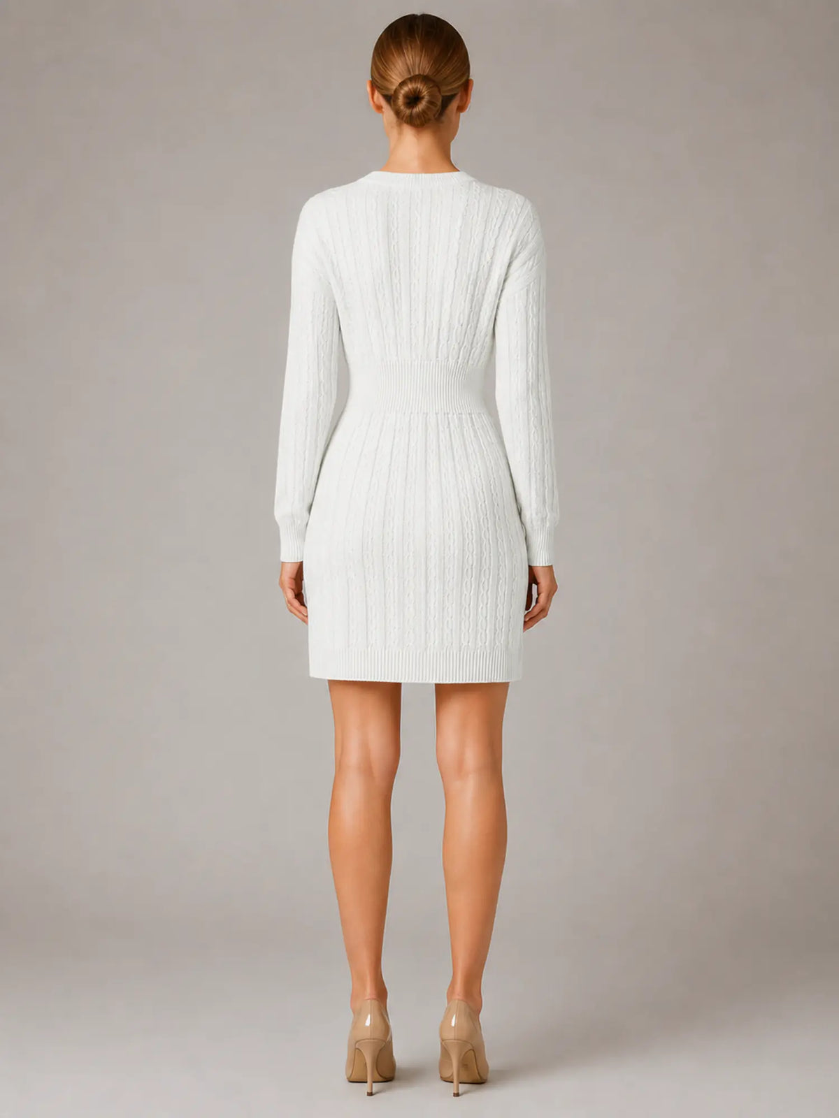 Women's Cable Knit Midi Dress – V-Neck Shirred Waist in White – Back view