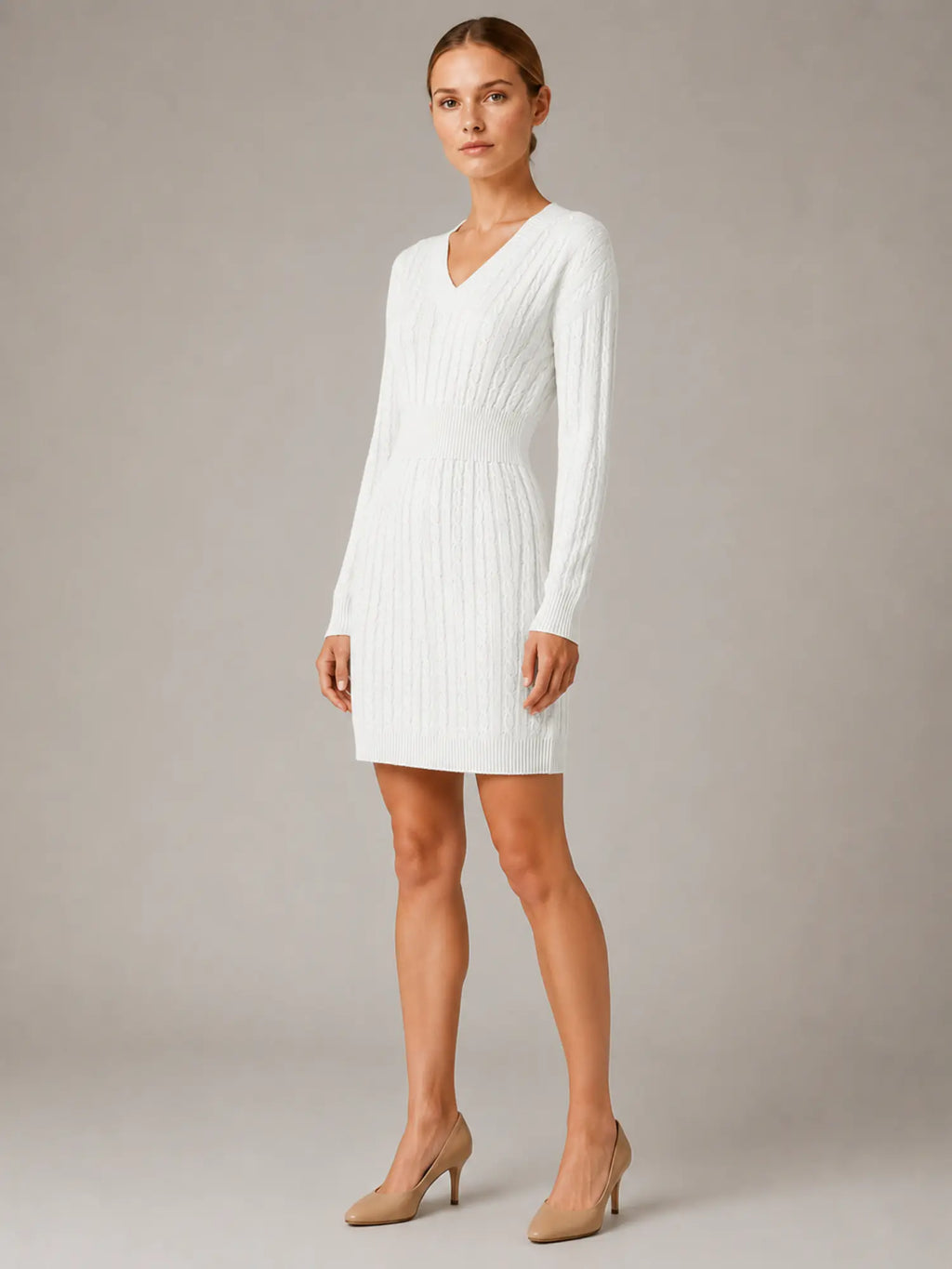 Women's Cable Knit Midi Dress – V-Neck Shirred Waist in White – Hover view