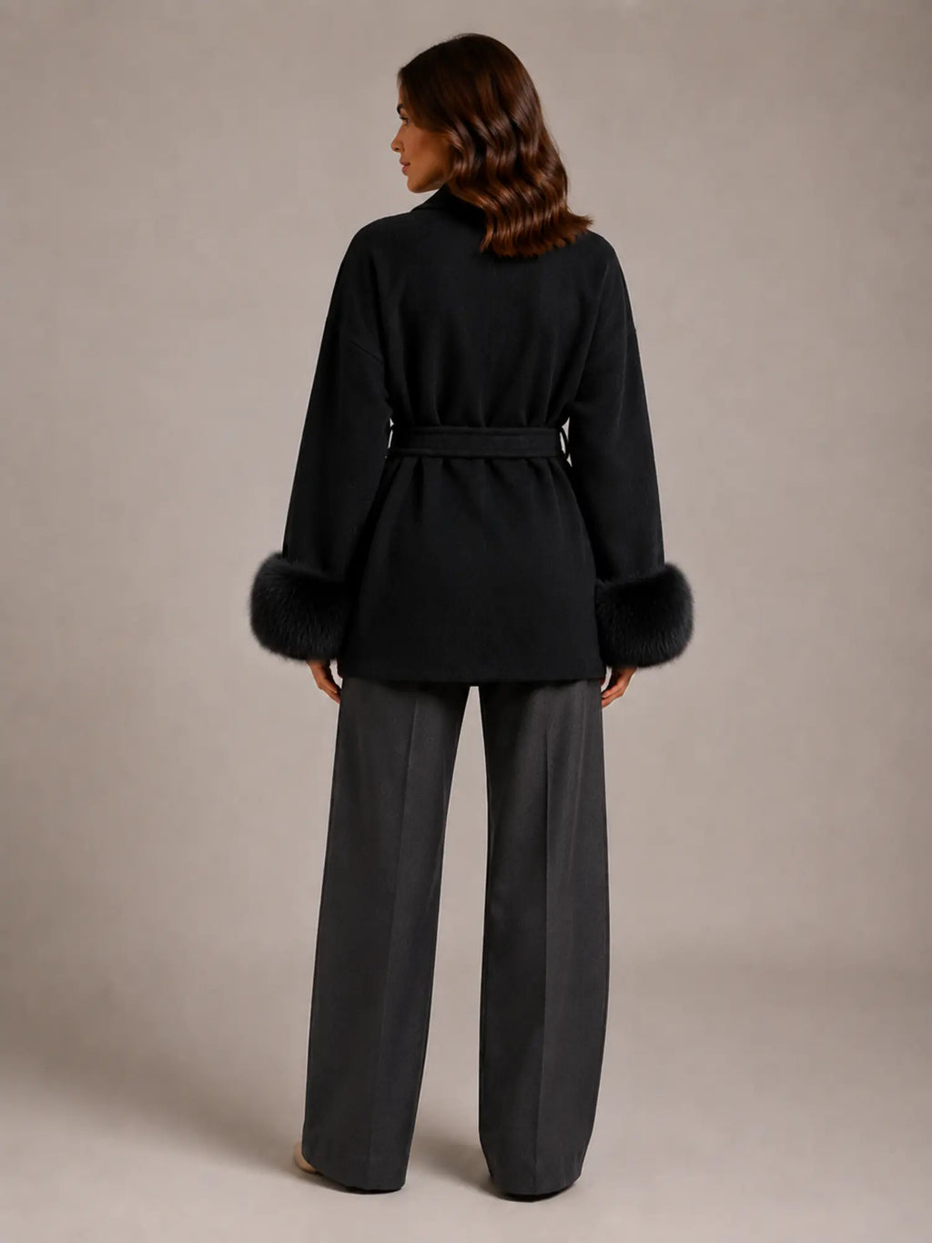 Women's Wool Blend Wrap Coat – Belted Faux Fur Trim in Black – Back view