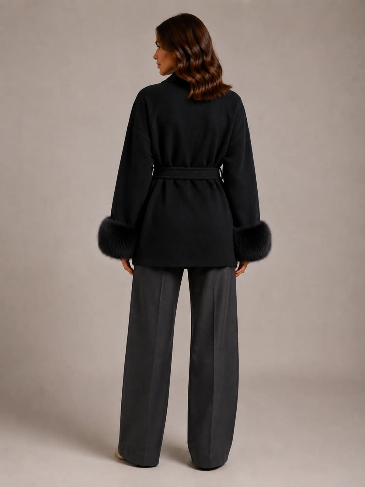 Women's Wool Blend Wrap Coat – Belted Faux Fur Trim in Black – Back view