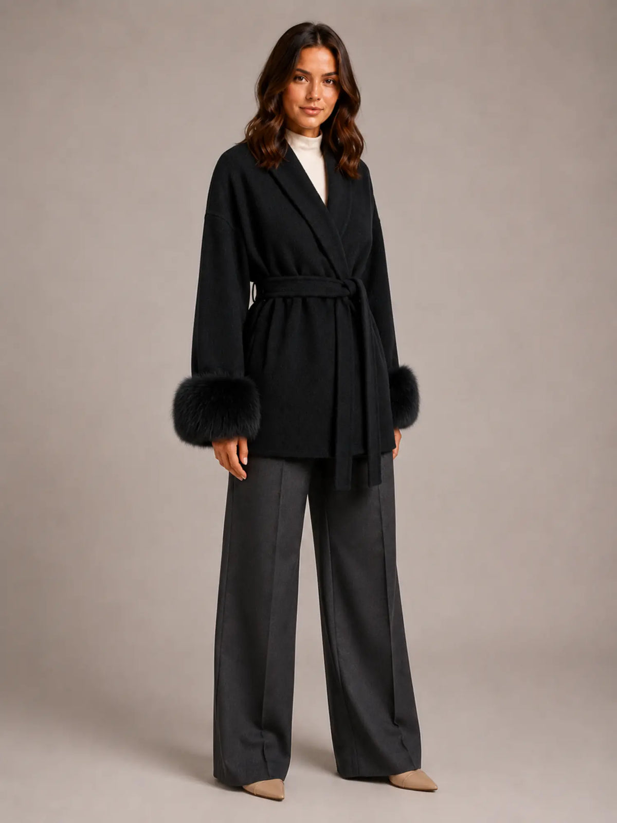 Women's Wool Blend Wrap Coat – Belted Faux Fur Trim in Black – Hover view