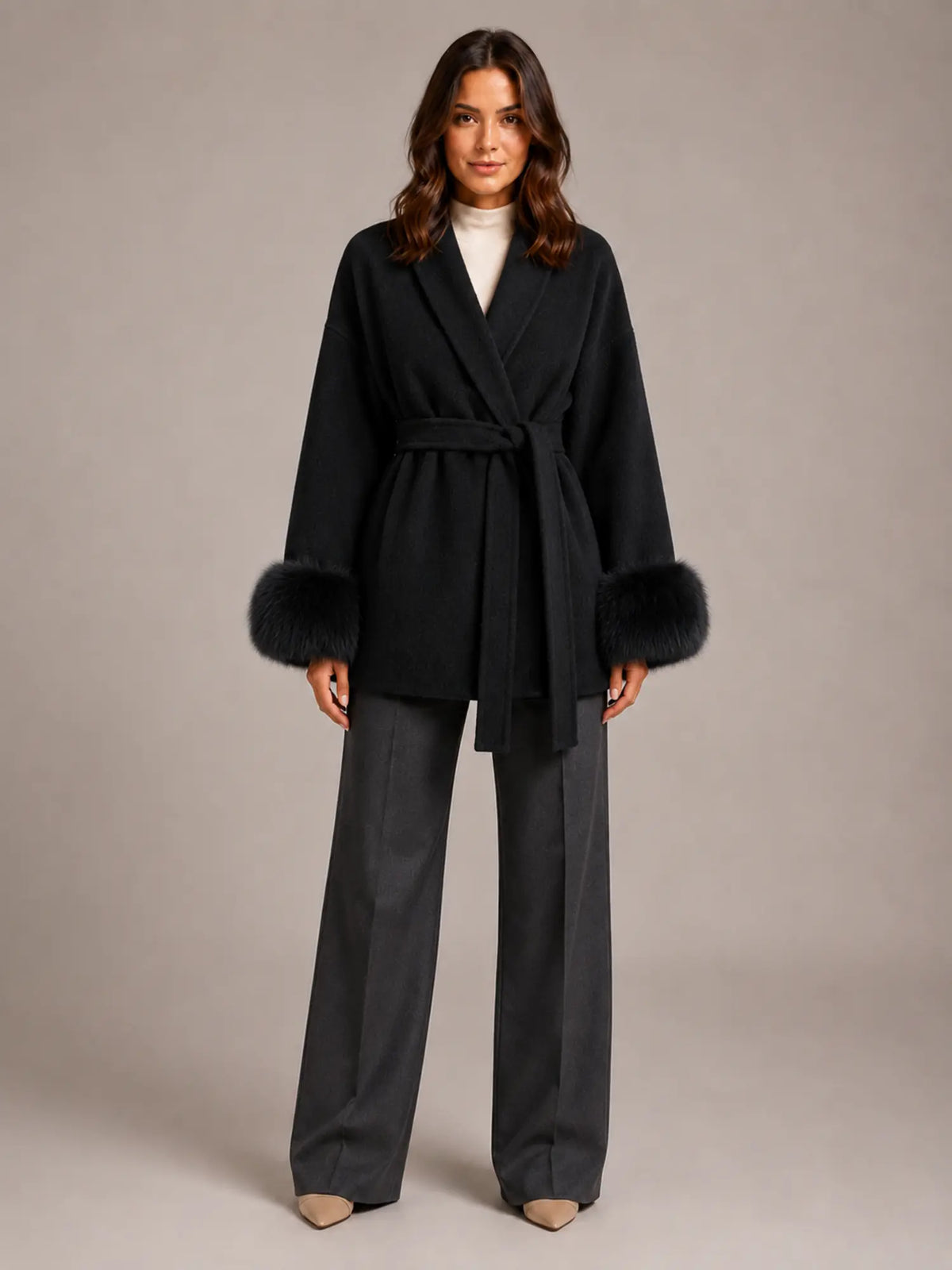 Women's Wool Blend Wrap Coat – Belted Faux Fur Trim in Black – Main view