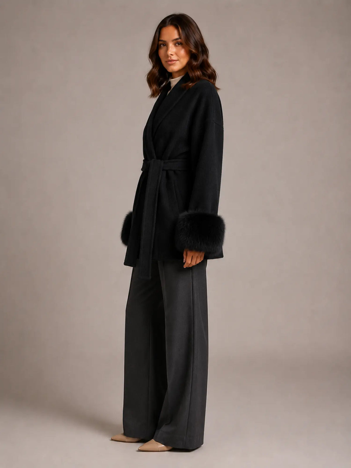 Women's Wool Blend Wrap Coat – Belted Faux Fur Trim in Black – Side view