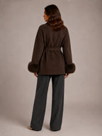 Women's Wool Blend Wrap Coat – Belted Faux Fur Trim in Brown – Back view