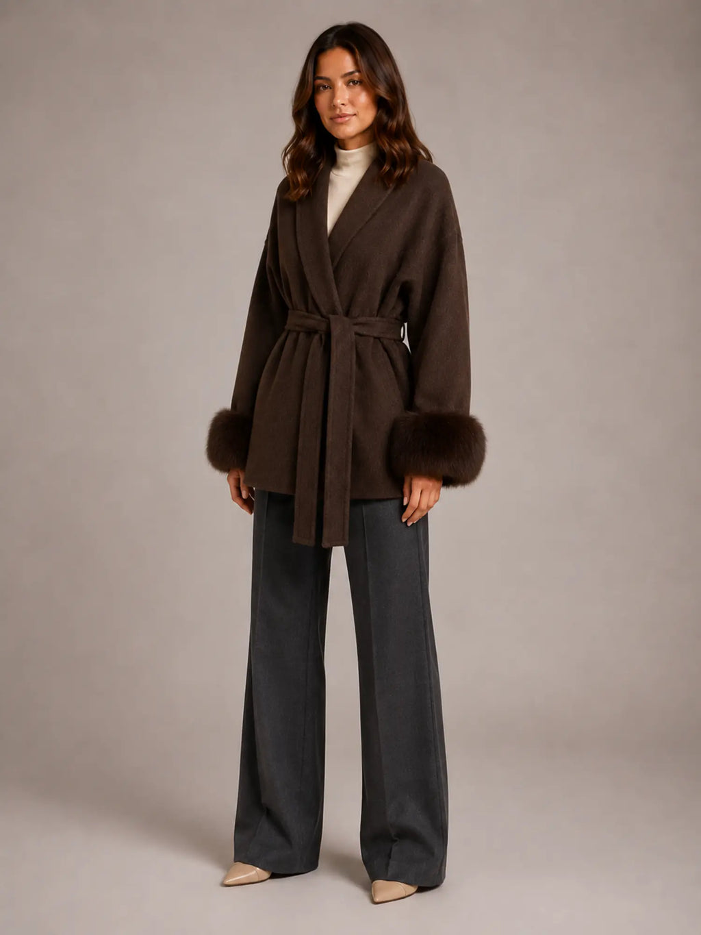 Women's Wool Blend Wrap Coat – Belted Faux Fur Trim in Brown – Hover view
