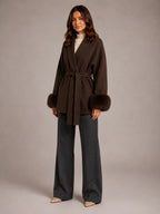 Women's Wool Blend Wrap Coat – Belted Faux Fur Trim in Brown – Hover view