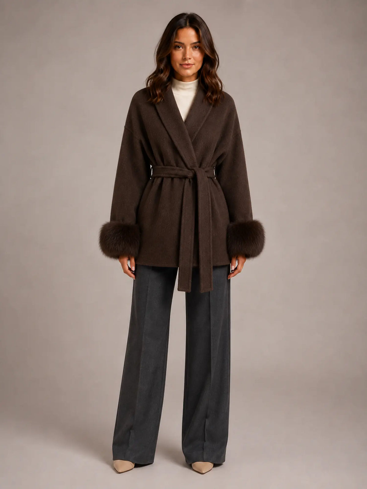 Women's Wool Blend Wrap Coat – Belted Faux Fur Trim in Brown – Main view