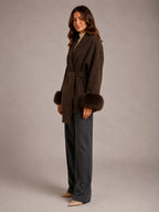 Women's Wool Blend Wrap Coat – Belted Faux Fur Trim in Brown – Side view
