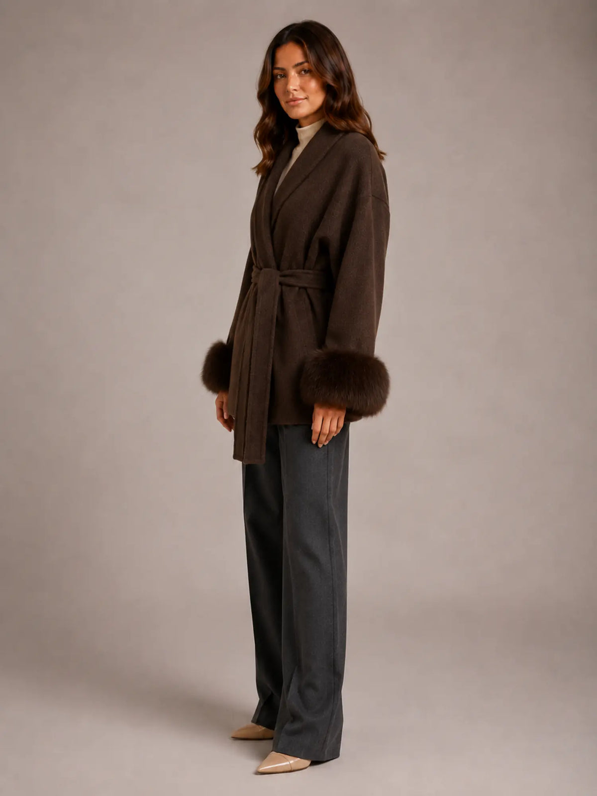 Women's Wool Blend Wrap Coat – Belted Faux Fur Trim in Brown – Side view