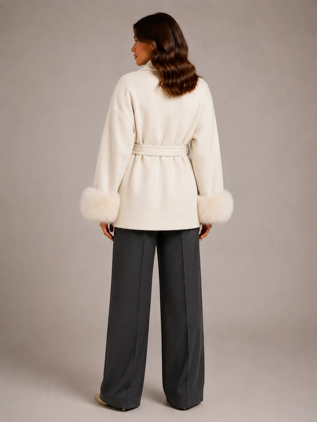 Women's Wool Blend Wrap Coat – Belted Faux Fur Trim in Cream – Back view