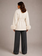 Women's Wool Blend Wrap Coat – Belted Faux Fur Trim in Cream – Back view