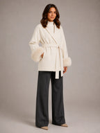 Women's Wool Blend Wrap Coat – Belted Faux Fur Trim in Cream – Hover view