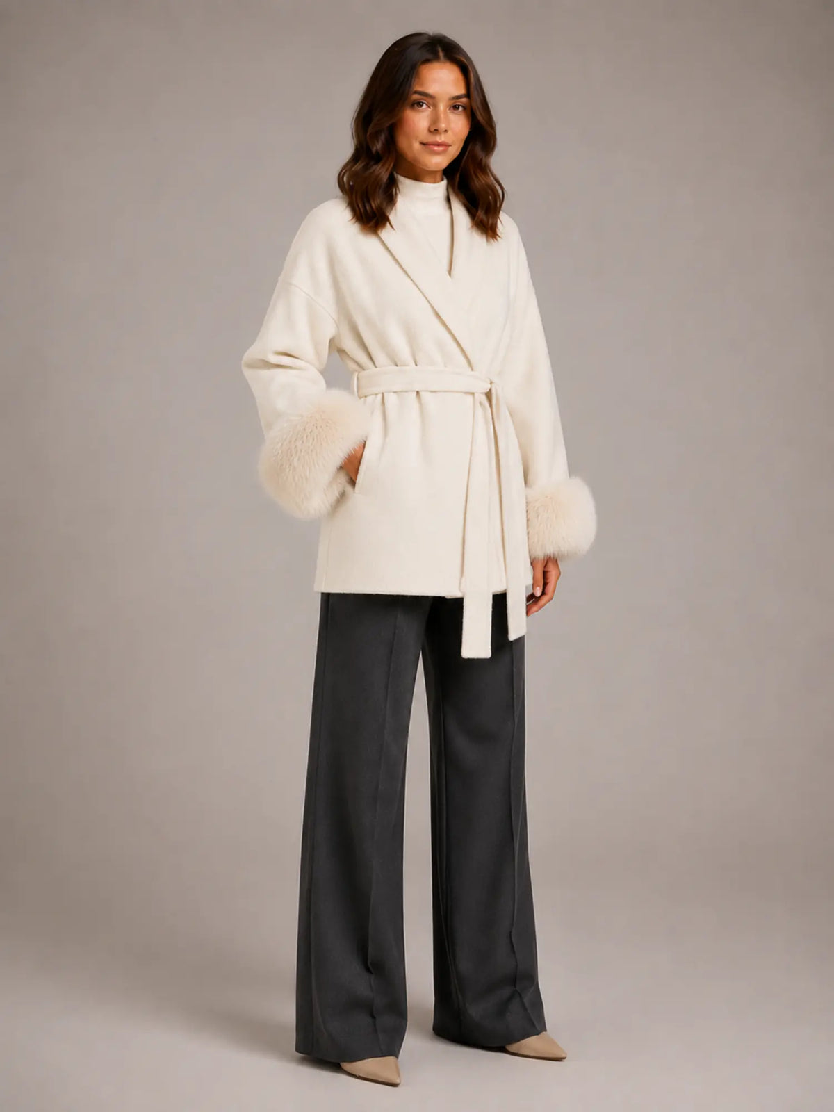 Women's Wool Blend Wrap Coat – Belted Faux Fur Trim in Cream – Hover view