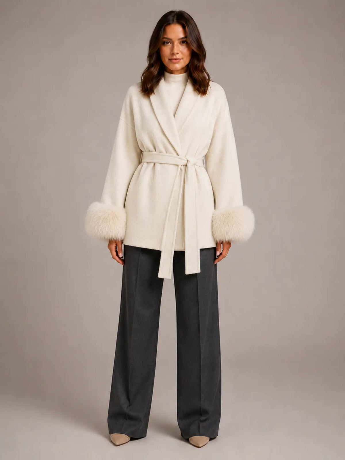 Women's Wool Blend Wrap Coat – Belted Faux Fur Trim in Cream – Main view