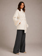 Women's Wool Blend Wrap Coat – Belted Faux Fur Trim in Cream – Side view
