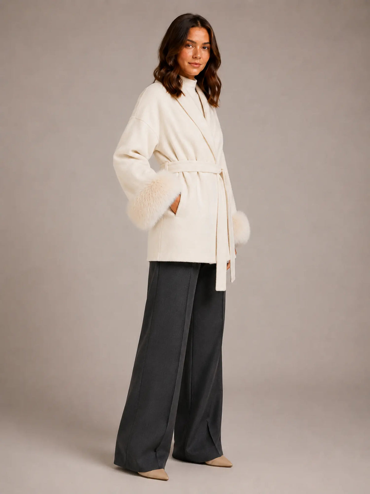 Women's Wool Blend Wrap Coat – Belted Faux Fur Trim in Cream – Side view