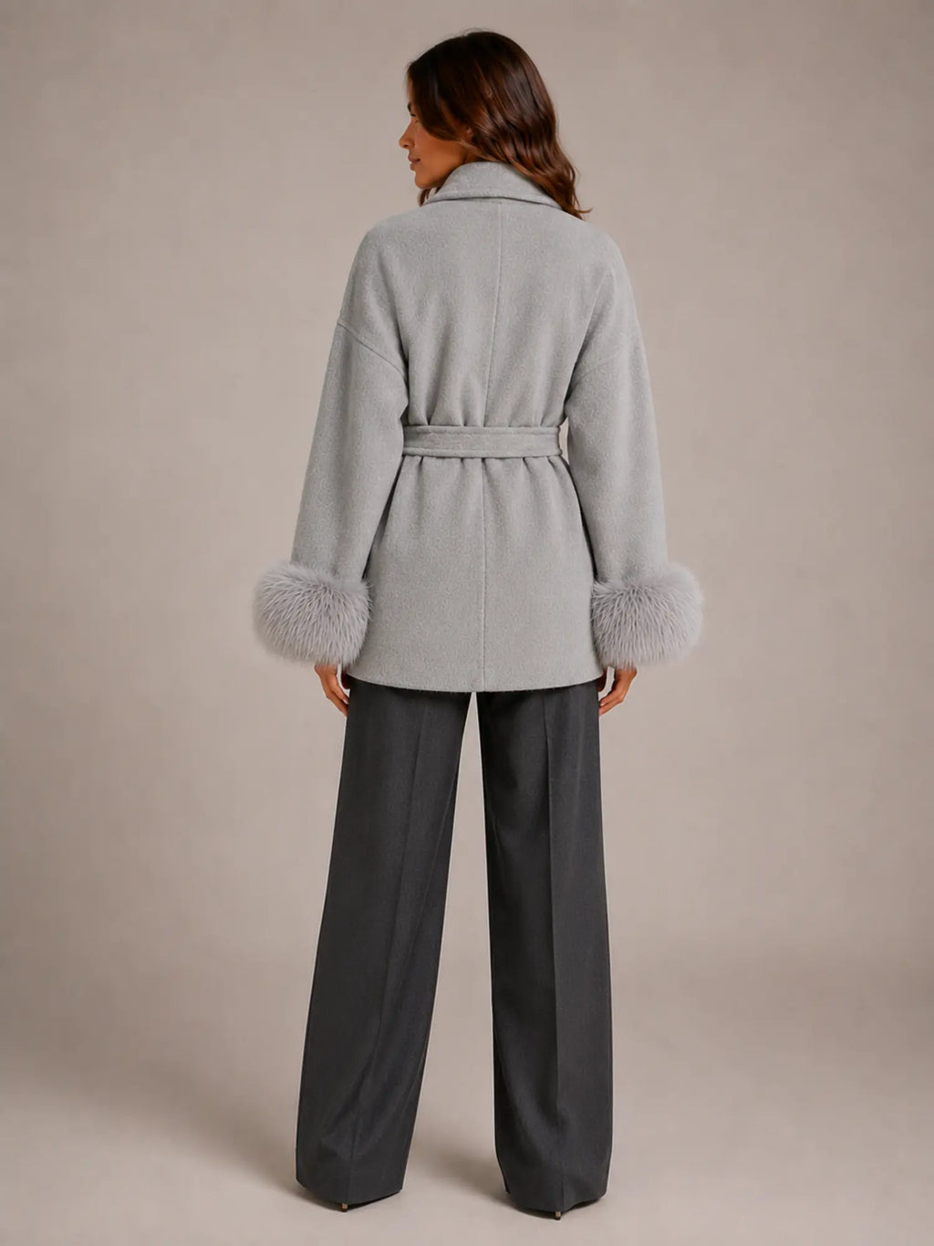 Women's Wool Blend Wrap Coat – Belted Faux Fur Trim in Grey – Back view