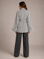 Women's Wool Blend Wrap Coat – Belted Faux Fur Trim in Grey – Back view
