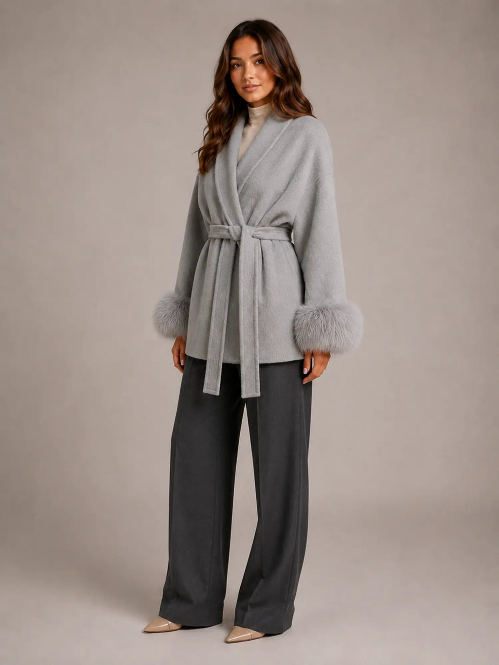 Women's Wool Blend Wrap Coat – Belted Faux Fur Trim in Grey – Hover view