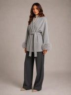 Women's Wool Blend Wrap Coat – Belted Faux Fur Trim in Grey – Hover view