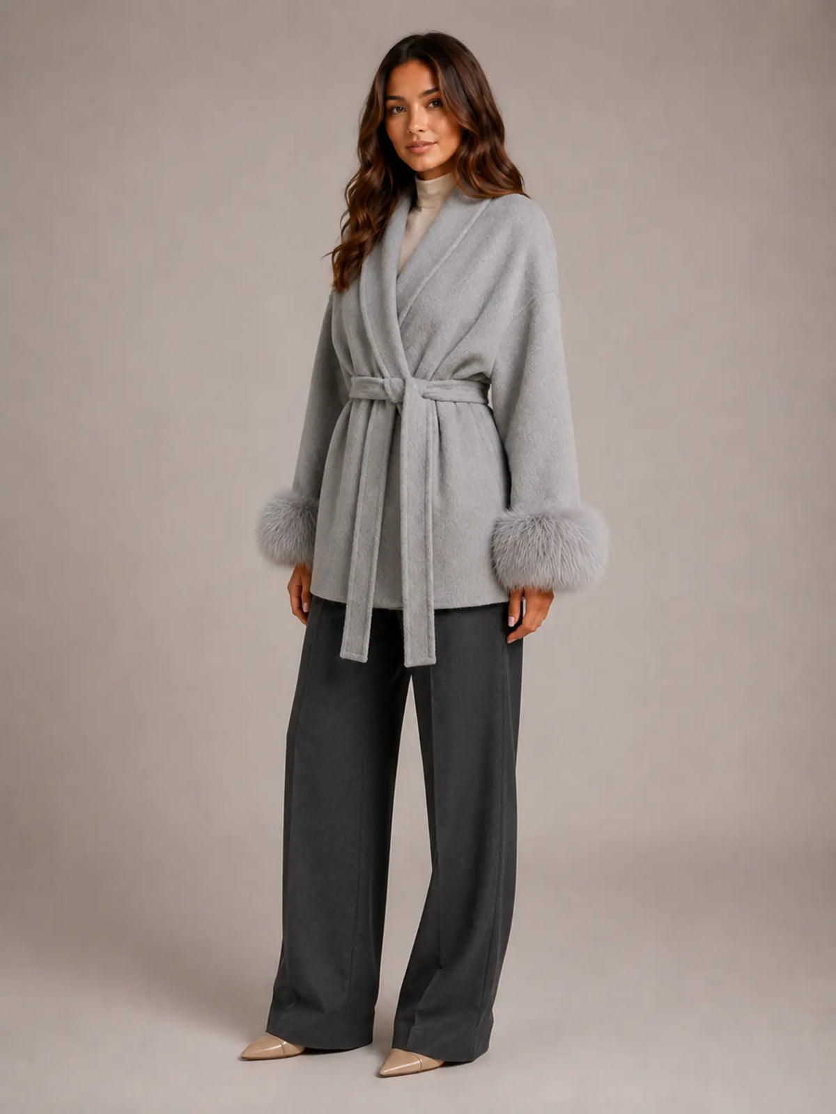 Women's Wool Blend Wrap Coat – Belted Faux Fur Trim in Grey – Hover view