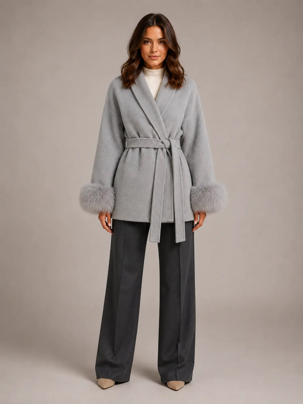 Women's Wool Blend Wrap Coat – Belted Faux Fur Trim in Grey – Main view