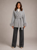 Women's Wool Blend Wrap Coat – Belted Faux Fur Trim in Grey – Main view
