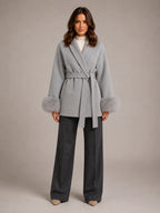 Women's Wool Blend Wrap Coat – Belted Faux Fur Trim in Grey – Main view