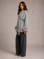 Women's Wool Blend Wrap Coat – Belted Faux Fur Trim in Grey – Side view