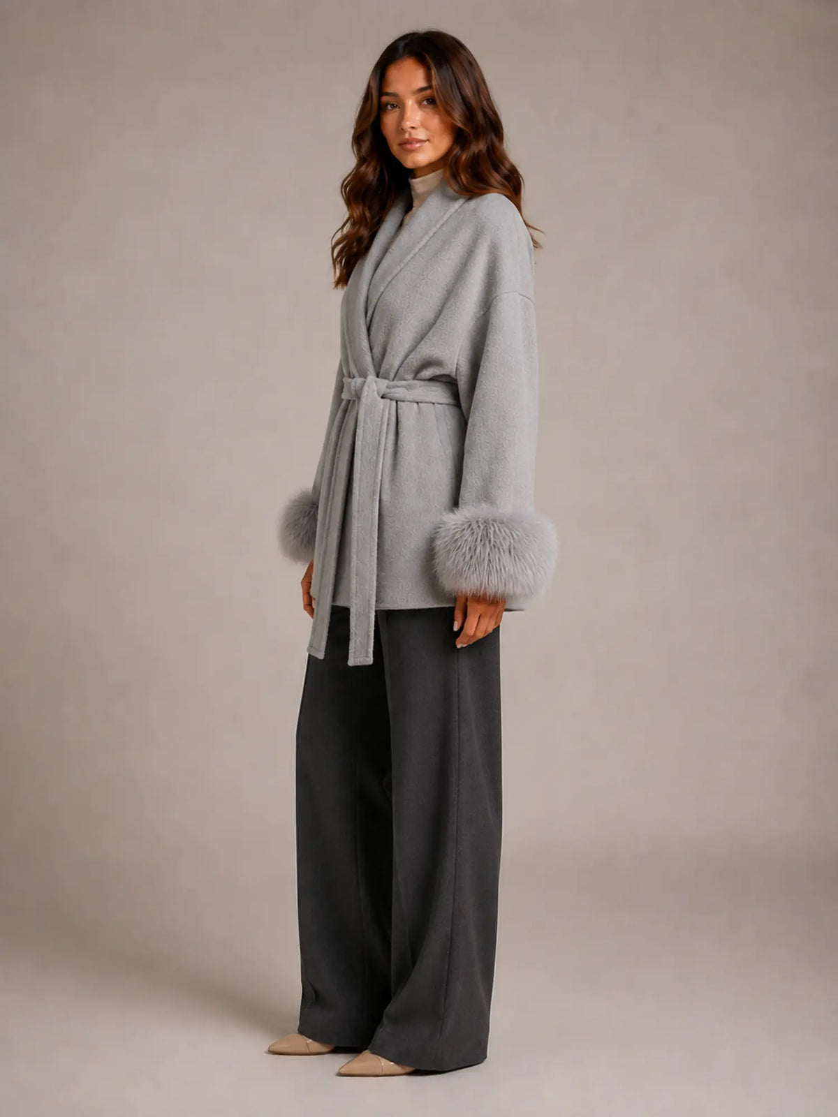 Women's Wool Blend Wrap Coat – Belted Faux Fur Trim in Grey – Side view