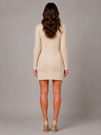Women's Cable Knit Jumper Dress – Roll Neck Style in Beige – Back view